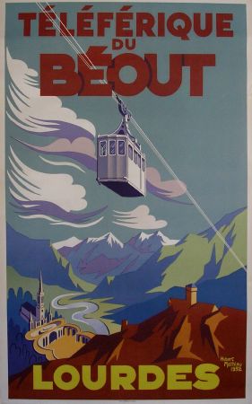 LOURDES - TELEFERIQUE DU BEOUT - affiche originale par Hubert Mathieu - 1952