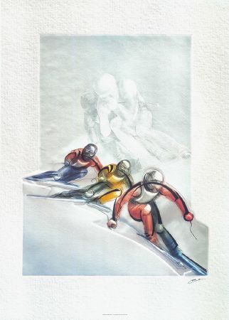 VISION DES EPREUVES AUX JEUX OLYMPIQUES D'ALBERTVILLE 1992 - LE SKI ALPIN - affiche de Alain Bar
