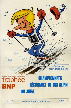 TROPHEE BNP - CHAMPIONNATS REGIONAUX DE SKI ALPIN DU JURA - affiche originale par Coutant (ca 1980)