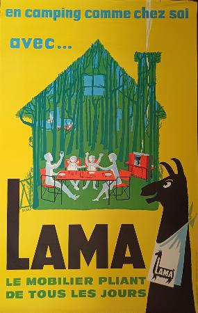 EN CAMPING COMME CHEZ SOI AVEC... LAMA LE MOBILIER PLIANT DE TOUS LES JOURS - affiche originale par Delpy (ca 1960)