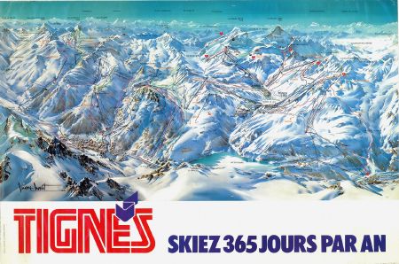 TIGNES - SKIEZ 365 JOURS PAR AN - affiche/plan des pistes de ski par Pierre Novat (1983)