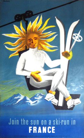 JOIN THE SUN ON A SKI-RUN IN FRANCE - affiche originale par Dubois (années 50)