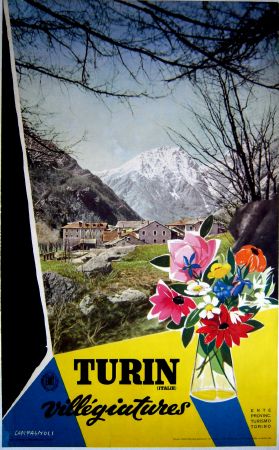 TURIN (ITALIE) VILLEGIATURES - affiche publicitaire originale par Campagnoli - 1954