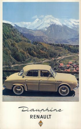 RENAULT DAUPHINE SUR UNE ROUTE DES ALPES - affiche publicitaire ancienne (ca 1955)