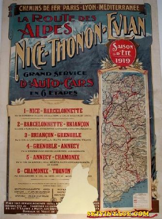 ROUTE DES ALPES - NICE-THONON-EVIAN - GRAND SERVICE D'AUTO-CARS ETE 1919 - affiche originale du PLM