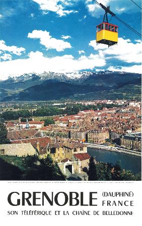 GRENOBLE DAUPHINE FRANCE - SON TELEFERIQUE ET LA CHAINE DE BELLEDONNE - affiche ancienne