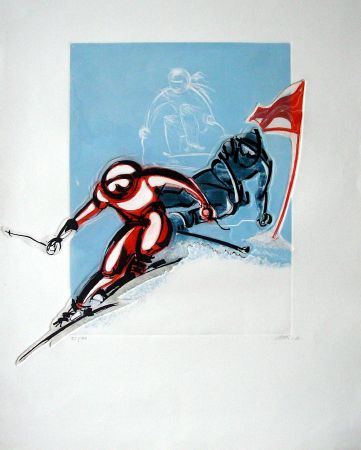 VISION DES EPREUVES DE SKI ALPIN AU JO D'ALBERTVILLE 1992, gravure par Alain Bar