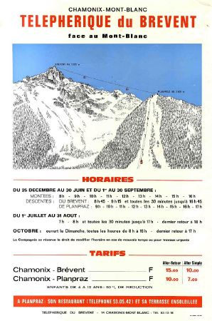 HORAIRES DU TELEPHERIQUE DU BREVENT A CHAMONIX - affichette des années 60