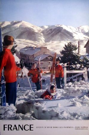 FRANCE - SPORTS D'HIVER DANS LES PYRENEES A FONT-ROMEU - affiche ancienne (1958)