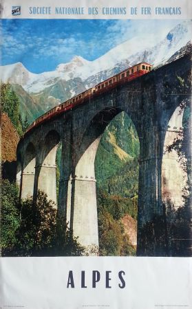 ALPES (MASSIF DU MONT BLANC - UN TRAIN AUX HOUCHES) - affiche SNCF originale (1960)