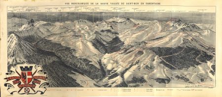 VUE PANORAMIQUE DE LA HAUTE VALLEE DE SAINT-BON EN TARENTAISE - plan-affiche par P. Joubert (c 1950)