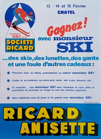 MONSIEUR SKI DE LA SOCIETE RICARD A CHATEL - GAGNEZ AVEC MONSIEUR SKI - affiche originale (ca 1975)