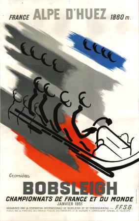 ALPE D'HUEZ - BOBSLEIGH - CHAMPIONNATS DE FRANCE ET DU MONDE 1951 - affiche originale par Cromières