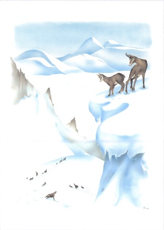 CHAMOIS DANS LA NEIGE - affiche de Danny Tairraz (ca 1980)