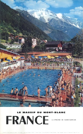 LE MASSIF DU MONT BLANC - LA PISCINE DE SAINT GERVAIS - affiche originale, photo Machatschek (1959)