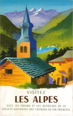 VISITEZ LES ALPES AVEC LES TRAINS ET AUTOCARS DE LA SNCF - affiche originale par Nathan (1958)