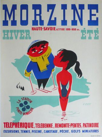MORZINE ETE HIVER - LA STATION PORTE-BONHEUR - affiche originale de G. Righi (ca 1950)
