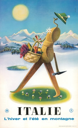 ITALIE - L'HIVER ET L'ETE EN MONTAGNE - affiche originale par Delfo Previtali (ca 1960)