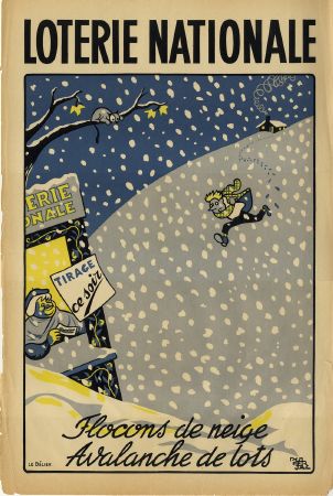 FLOCONS DE NEIGE, AVALANCHE DE LOTS - affiche de la Loterie Nationale par Pol Ferjac (ca 1950)
