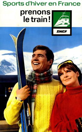 SPORTS D'HIVER EN FRANCE - PRENONS LE TRAIN ! - affiche originale pour la SNCF (1968)