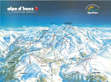 ALPE D'HUEZ L'ILE AU SOLEIL - grand plan des pistes de ski par Pierre Novat (1988-92)