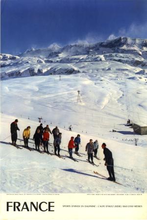 SPORTS D 'HIVER EN DAUPHINE : L'ALPE D'HUEZ - affiche originale par Serraillier (1956)