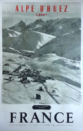 SPORTS D'HIVER EN DAUPHINE - L'ALPE D'HUEZ 1850 M - affiche originale par Gellos (ca 1950)