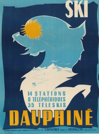 SKI DAUPHINE - 14 STATIONS, 6 TELEPHERIQUES, 35 téléskis - affiche originale (ca 1955)