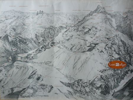 LES DEUX ALPES - GRAND PLAN DES PISTES ET REMONTEES MECANIQUES - affiche de Roger David (1977)