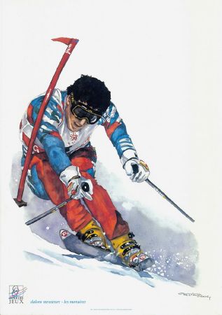 IMAGE DES JEUX OLYMPIQUES D'ALBERTVILLE - SLALOM MESSIEURS LES MENUIRES - affiche de C. Burdet