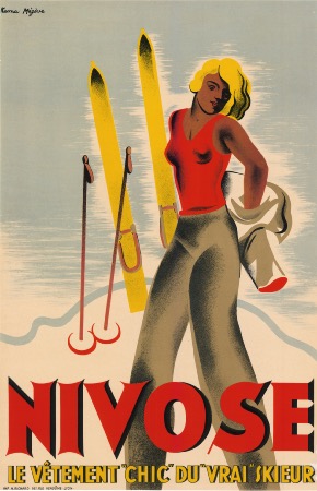 NIVOSE LE VETEMENT "CHIC" DU "VRAI" SKIEUR - affiche originale par Kama Megève (ca 1934)