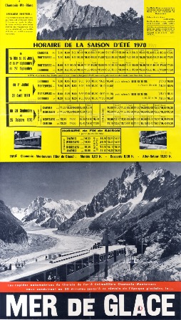A CHAMONIX MONT-BLANC - HORAIRES DE TRAIN MONTENVERS MER DE GLACE 1970-1971 - affichette originale