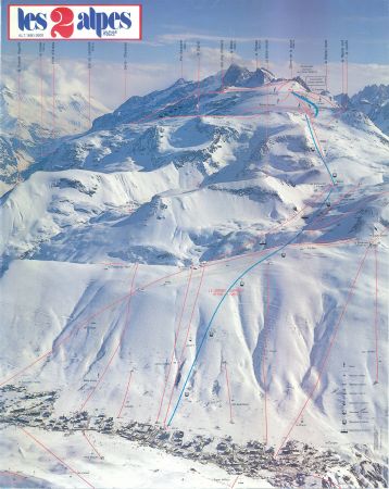 LES 2 ALPES - plan photo des remontées mécaniques (ca 1990)