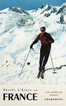 SPORTS D'HIVER EN FRANCE - LES ALPES DE SAVOIE - COURCHEVEL - affiche originale par Jansol (1959)