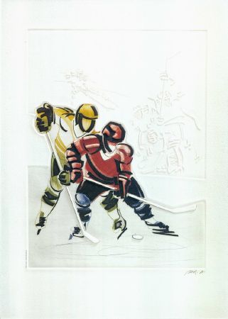 VISION DES EPREUVES AUX JEUX OLYMPIQUES D'ALBERTVILLE - LE HOCKEY A MERIBEL - affiche de Alain Bar