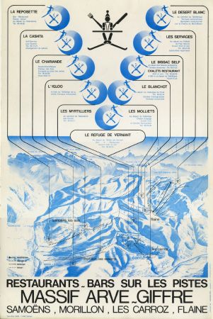 RESTAURANTS-BARS SUR LES PISTES - SAMOENS, MORILLON, LES CARROZ, FLAINE - affiche originale (c 1980)