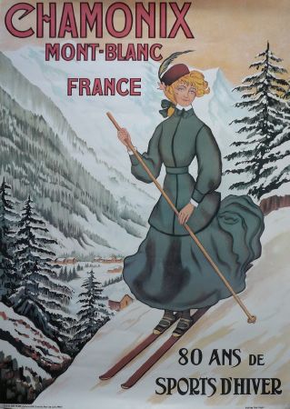 CHAMONIX MONT-BLANC, 80 ANS DE SPORTS D'HIVER - affiche officielle d'après Abel Faivre (ca 1980)