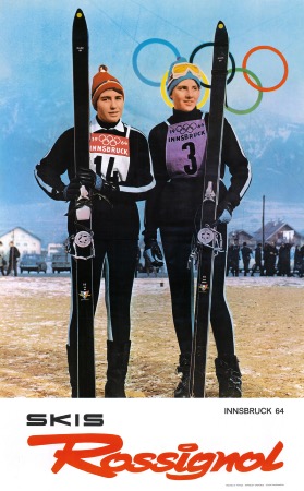 SKIS ROSSIGNOL - LES SOEURS GOITSCHEL AUX JO D'INNSBRUCK 1964 - affiche originale (ca 1965)