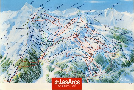 LES ARCS SAVOIE FRANCE - plan des pistes de ski par Pierre Novat (1983-84)