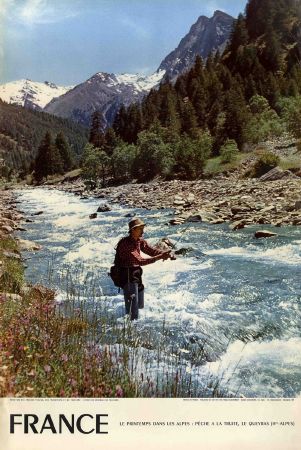 FRANCE - HAUTES ALPES (ABRIES, QUEYRAS), PECHE A LA TRUITE - affiche ancienne