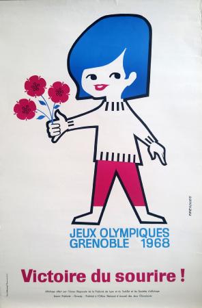 VICTOIRE DU SOURIRE ! - JEUX OLYMPIQUES GRENOBLE 1968 - affiche originale par Freychet