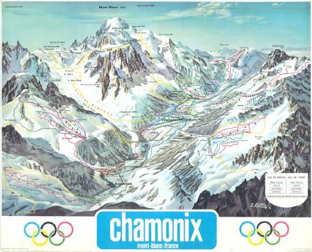 GRAND PLAN DES PISTES DE SKI DE LA VALLEE DE CHAMONIX - affiche de Louis Koller (1962/1980)