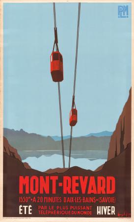 MONT-REVARD 1550 M - A 20 MINUTES D'AIX-LES-BAINS - (SAVOIE) PAR LE PLUS PUISSANT TELEPHERIQUE DU MONDE - affiche originale PLM par Henry Reb (1935)