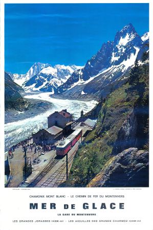 CHAMONIX MONT BLANC - MER DE GLACE - LA GARE DU MONTENVERS - affiche photo par GaiIlard (ca 1975)