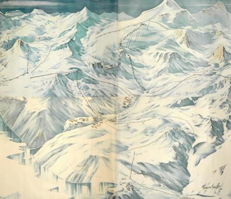 TIGNES SAVOIE - exceptionnel plan des pistes/panorama par Pierre Novat en 4 panneaux (1969)