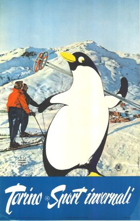 TORINO SPORT INVERNALI (SESTRIERE - ITALIE) - affiche originale par Campagnoli (ca 1955)