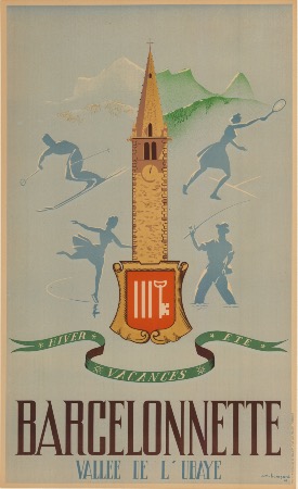 BARCELONNETTE VALLEE DE L'UBAYE - VACANCES HIVER ETE - affiche originale par JM Bompard (1946)