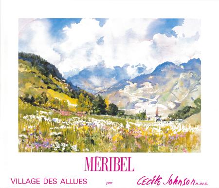 MERIBEL - VILLAGE DES ALLUES - affiche originale de Cecile Johnson (ca 1990)