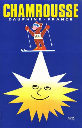 CHAMROUSSE - L'OURSON ET LES ANNEAUX OLYMPIQUES DE GRENOBLE 1968 - affiche originale de Hervé Morvan