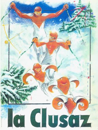 LA CLUSAZ (QUAND LE SKIEUR DEVIENT BELIER) - affiche originale (ca 1980)